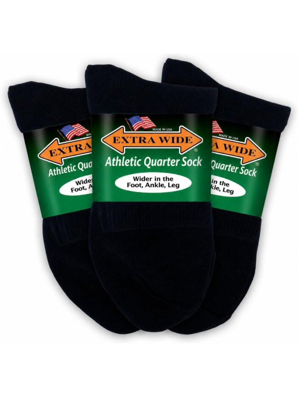 Extra Wide Athletic Quarter Socks 3-Pack, Non-Binding, Comfort Fit, Made in USA